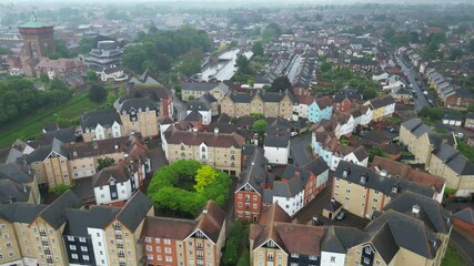 Wall Mural - High Angle View of City of Colchester, Essex, England United Kingdom. Aerial Footage Was Captured with Drone's Camera During Rainy and Cloudy Day of May 21st, 2024