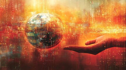 a digital illustration depicting the earth on hand, technology planet earth by hand