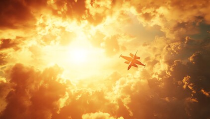 Wall Mural - jet fighter flying through fiery sunset clouds.