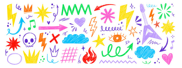 hand drawn rock punk music star grunge tattoo doodle icon element set. crayon brush stroke hand draw