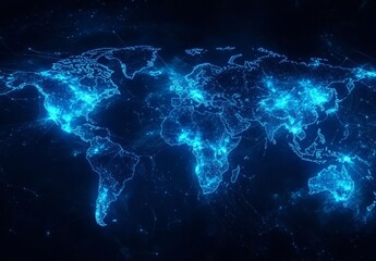 Wall Mural - Glowing blue world map with interconnected nodes illustrating global network.