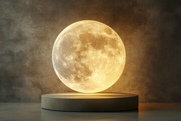 Wall Mural - Illuminated full moon on a pedestal against a dark textured background.