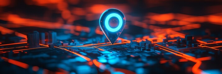 Fototapete - Glowing neon location pin over futuristic city map.