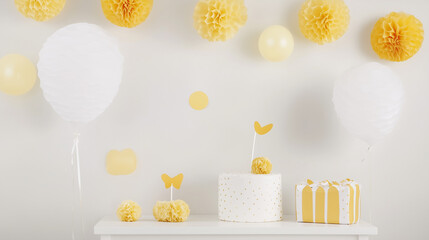 Wall Mural - Pastel Yellow & White Birthday Setup 