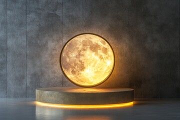 Canvas Print - Illuminated moon on a round pedestal against a textured wall.