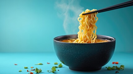 Wall Mural - Chopsticks lifting steaming noodles from bowl of ramen on turquoise background