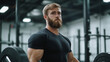 © pattozher - Muscular Determination: A powerfully built man with a determined look, dressed in black, prepares to lift heavy weights in a modern gym, showcasing his strength and athleticism.