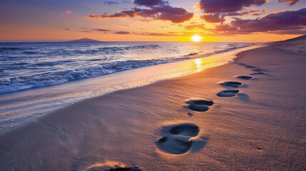 Wall Mural - serene beach scene at sunset with footprints in sand, waves gently lapping at shore, and colorful sky filled with clouds. tranquil atmosphere evokes sense of peace and reflection