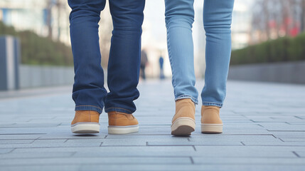 Couple Strolling City Street: A close-up shot from behind of a couple walking hand-in-hand down a city street, their legs and footwear visible.