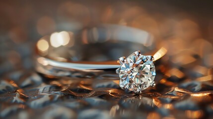 Wall Mural - Close-up of a beautiful diamond engagement ring on a shiny reflective surface.