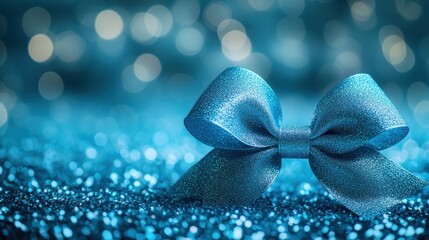 Wall Mural - Sparkling blue bow rests on shimmering surface, evoking a sense of celebration and joy during the holiday season