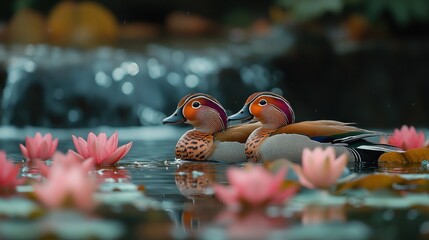 Wall Mural - Mandarin Ducks in a Pond Surrounded by Pink Water Lilies