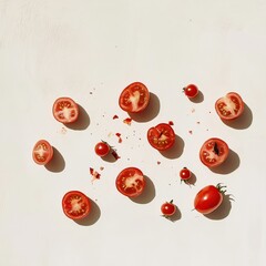 Wall Mural - Halved and whole cherry tomatoes scattered on white background with shadows.