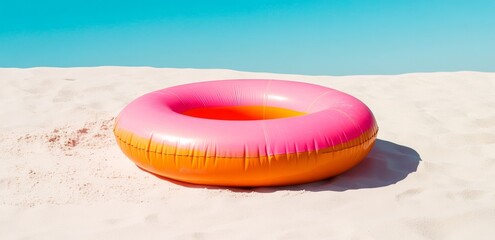 Wall Mural - Pink and orange inflatable ring on a sandy beach under a clear blue sky.