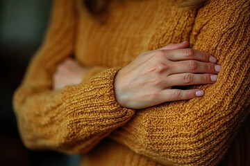 Wall Mural - Woman in yellow sweater, hands cupped, admiring a blooming sunflower in a sunlit field.