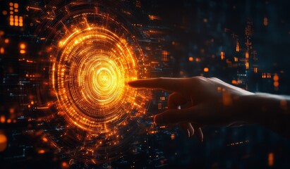 Poster - Hand activating glowing circular digital interface.