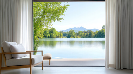 Wall Mural - serene view of lake framed by beautiful curtains and cozy chair