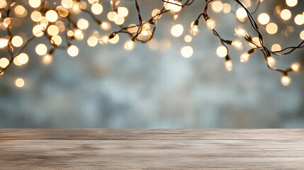 Sticker - Bright swirling lights in festive bokeh background with wooden table