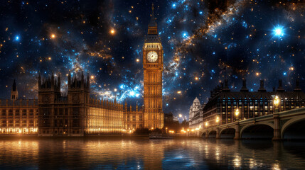 Sticker - cosmic landscape featuring giant clock tower amidst starry night