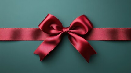 Wall Mural - Beautiful red satin bow on a green background, perfect for gift wrapping and festive occasions in a minimalist style