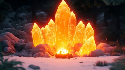 Poster - Luminous Orange Crystals Surround Campfire In Snowy Forest