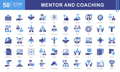 Poster - Mentor and Coaching icon collection set. Containing coach, students, presentations, guidance, trainee program and learning materials. Great for education, workshops, or self development services.