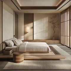 Wall Mural - Serene Minimalist Bedroom Design Featuring Wooden Accents