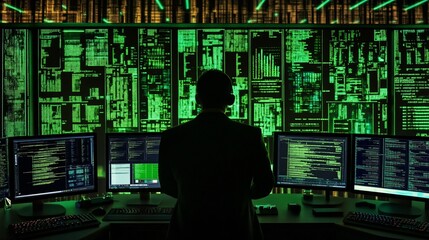 Silhouette figure observing multiple screens displaying green code data in a dark room