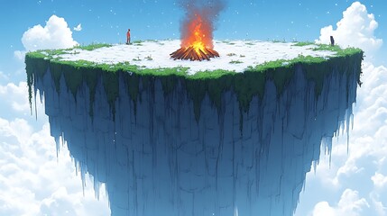 Poster - A fiery bonfire warms figures on a snow covered floating island