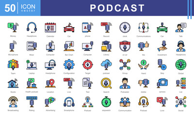 Poster - Podcast icon collection set. Containing dialogue, communications, broadcast, microphone, headphones, studio, recording, and sound waves. Perfect for content creators, radio shows, or audio production.