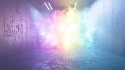 A science fiction scene of a quantum portal opening in a research facility, emitting a dazzling array of colors and particles, blending advanced technology with otherworldly energy.