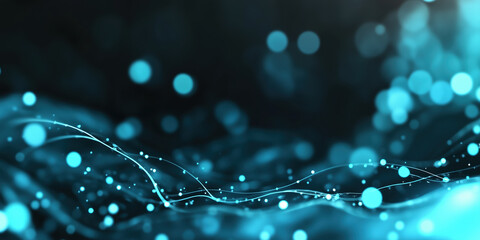 Wall Mural - Abstract blue wave lines with bokeh lights on dark background. technology concept