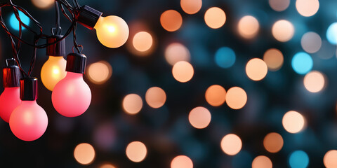 Wall Mural - Glowing party lights with bokeh on dark background. Holiday mood advertising