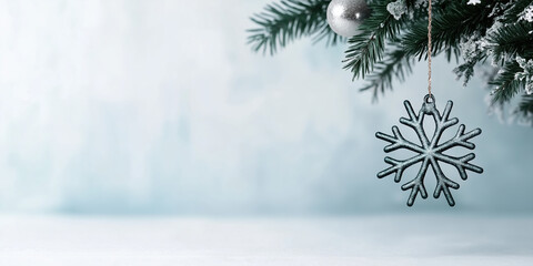 Wall Mural - silver snowflake ornament on christmas tree branch. holiday greeting cards