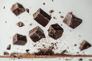 Chocolate is falling from the ground, creating a delicious mess of dark and milk splatters on a white marble countertop.