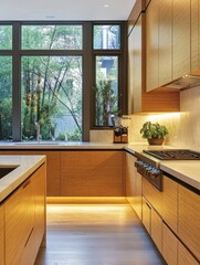 Wall Mural - Modern Kitchen Design With Wood Cabinets And Large Windows