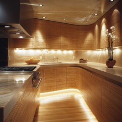 Wall Mural - Modern Curved Wood Kitchen Design With Warm Lighting