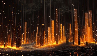 Fototapete - Glowing orange city, futuristic fantasy landscape, digital art.