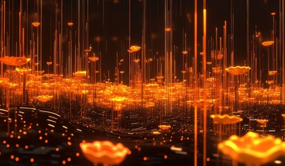 Wall Mural - Glowing orange abstract digital landscape with floating lights and lines.