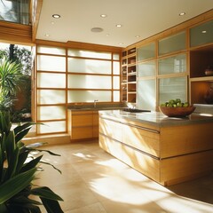 Wall Mural - Sunlit Modern Kitchen With Wooden Cabinets And Island