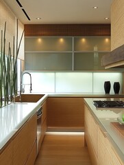 Wall Mural - Modern Minimalist Kitchen Design with Wood and Glass Accents