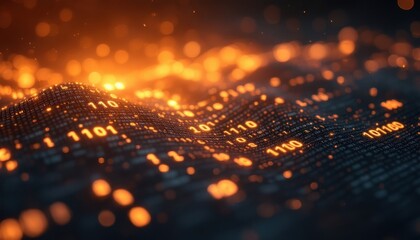 Glowing orange binary code wave on a dark background