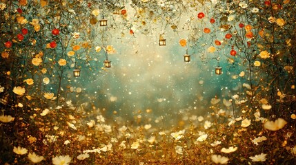 Wall Mural - a tranquil meadow glowing softly under twin auroras, where radiant flowers bloom in cascading colors