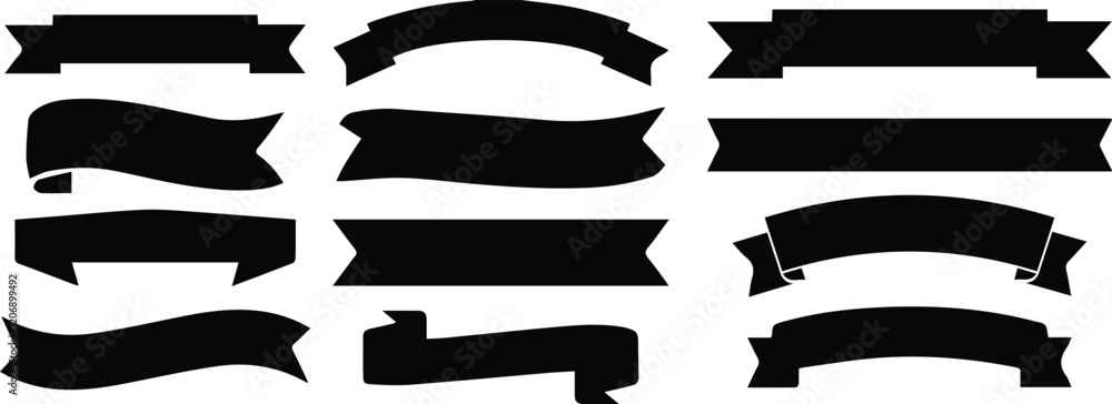 Black banner, ribbon silhouette vector set. Perfect for title ...