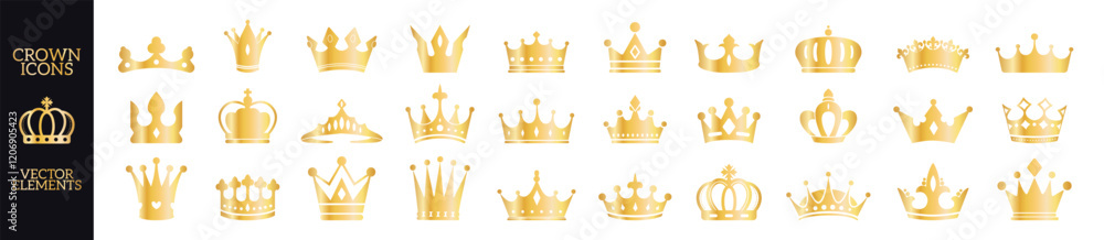 Crown set icons. Queen king golden crowns luxury royal on transporant ...