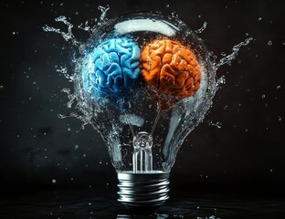 Poster - Two brains inside a lightbulb splashing water.