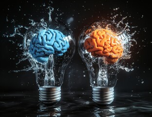 Poster - Two brains inside lightbulbs splashing water, symbolizing ideas and innovation.