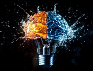 Poster - Water-filled lightbulb with brain halves, splashing.