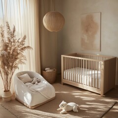 Wall Mural - Serene Nursery Decor with Wooden Crib and Plush Chair