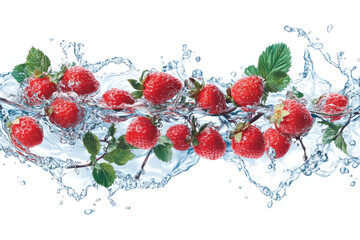 Wall Mural - Strawberries collide, creating a splash in water, with vivid red colors standing out against the clear liquid backdrop.